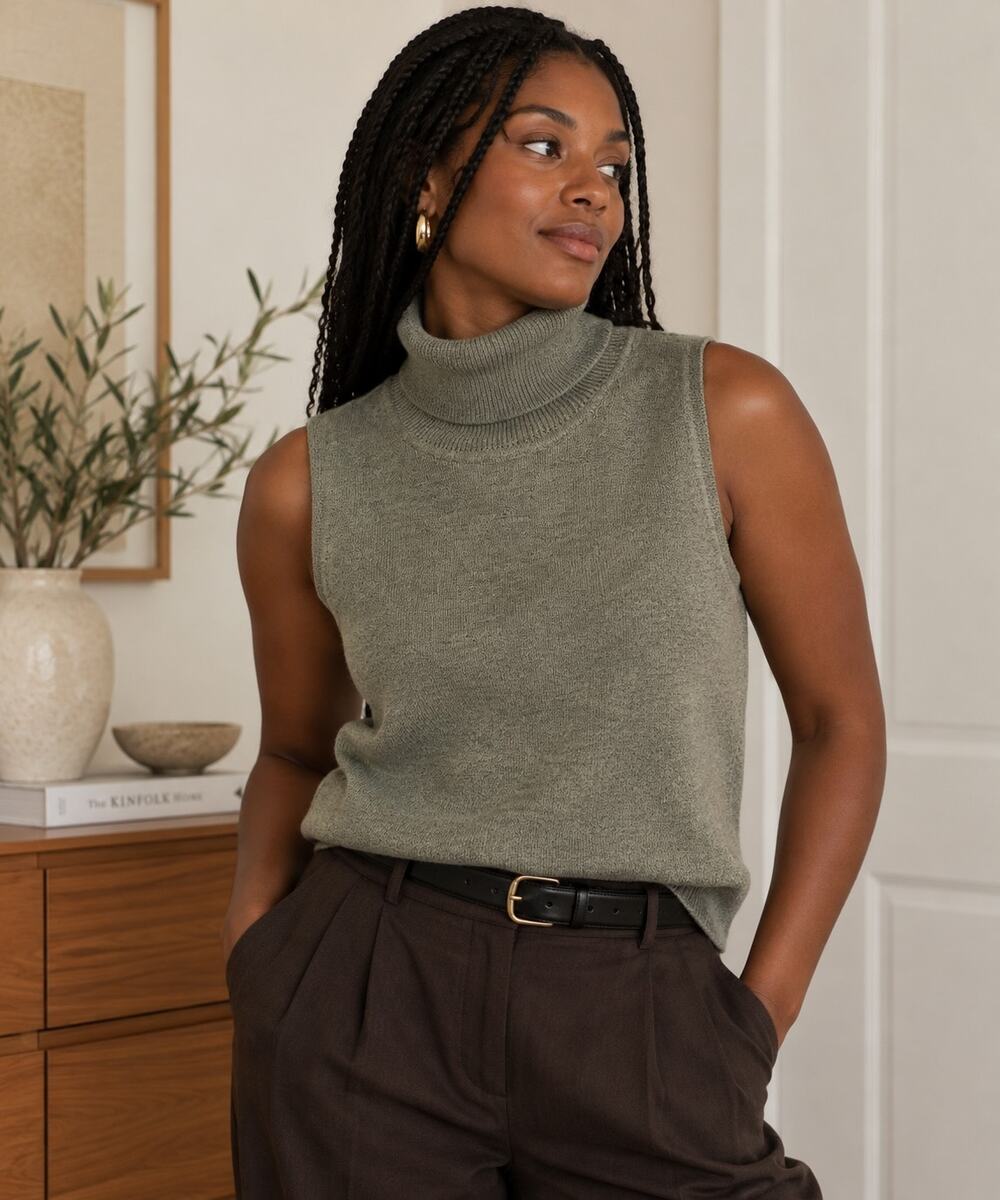 Vintage Casual Corner Sage Green Sleeveless Turtleneck Sweater Top ✨